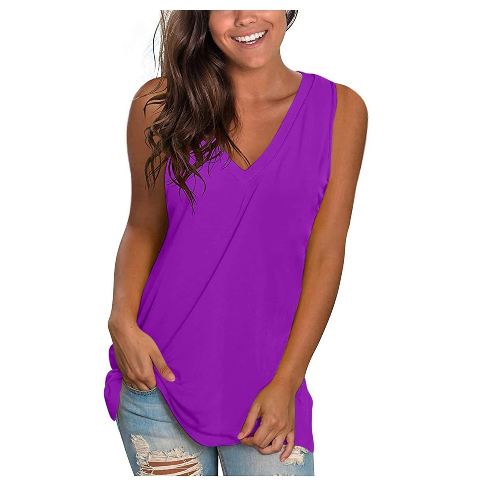 thumbnail image 2 of Camisa sin mangas con cuello en V para mujer para el verano: top informal oversize, poliéster/spandex, moda playera, tallas S-XXXXXL., 2 of 4